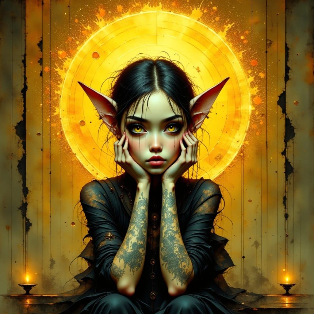 <lora:Antique Watercolor 2:1.0> <lora:Akimora:1.0> an image of a stylized, melancholic elfin