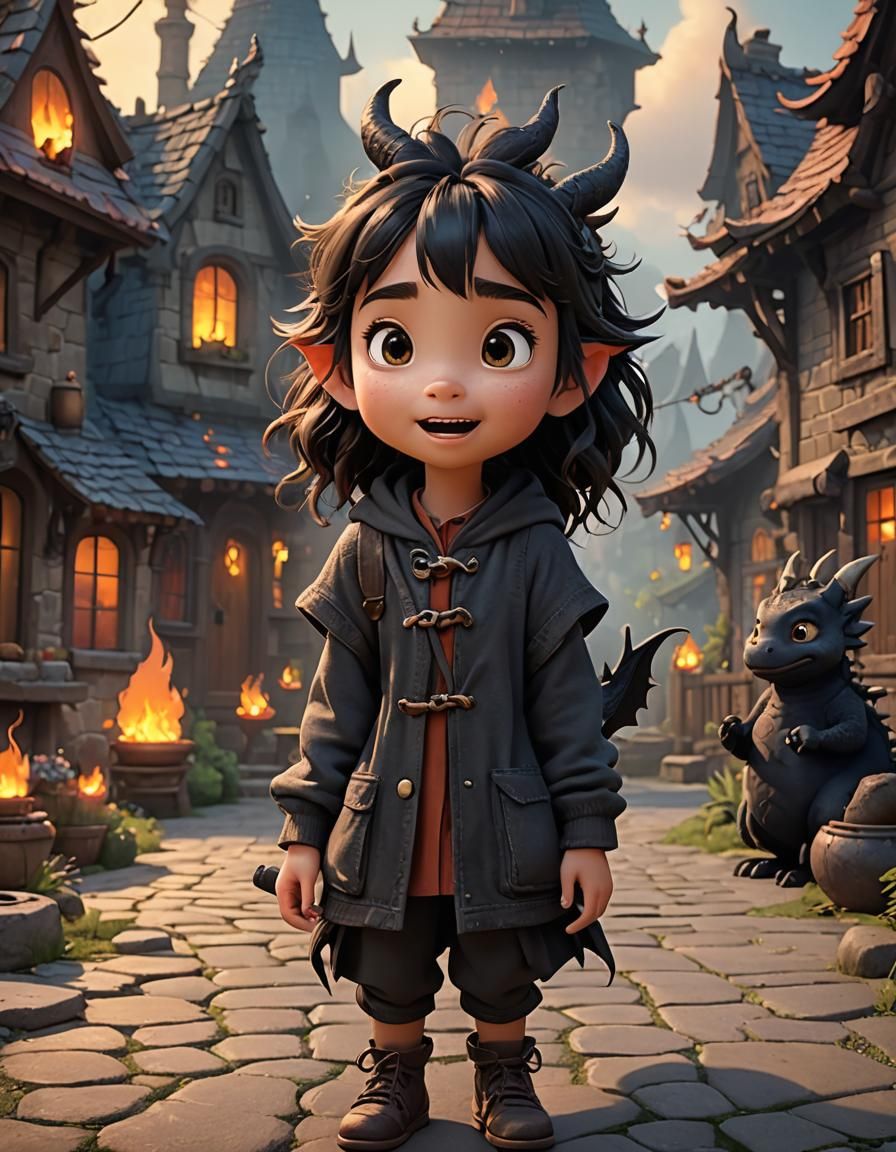 Surprised Girl with Dragon in Animated 3D Art