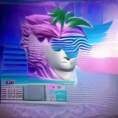 Vaporwave Dreamscape with Neon and Sculpture