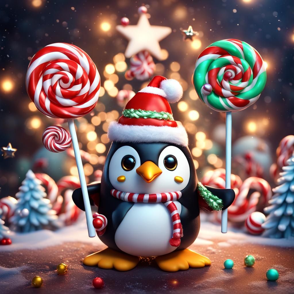 Festive Christmas Penguin with Lollipops and Stars
