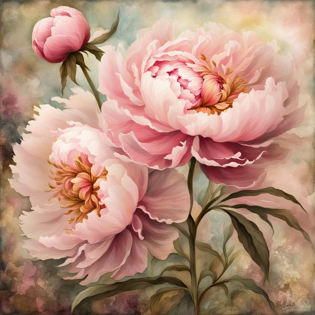 Pink Peonies in Antique Watercolor Style