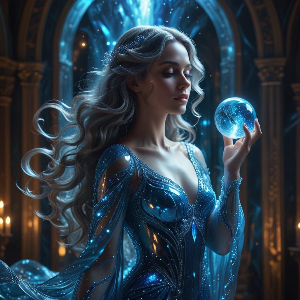 Glass Woman in Crystal Palace, Glowing with Feminine Energy