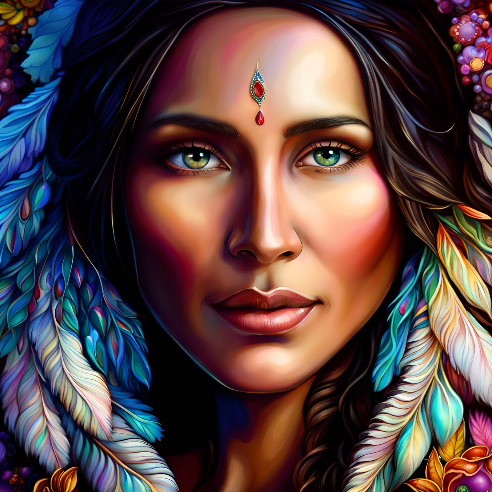 Native American Woman with Gemstones in Holographic Hues