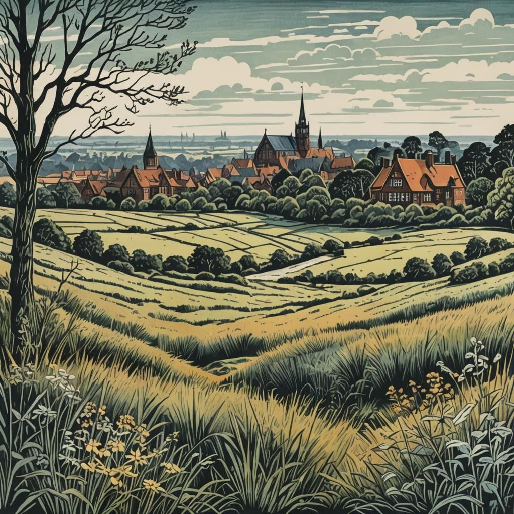 Lüneburg Heath: Hand-Colored Linoprint of Village Scene