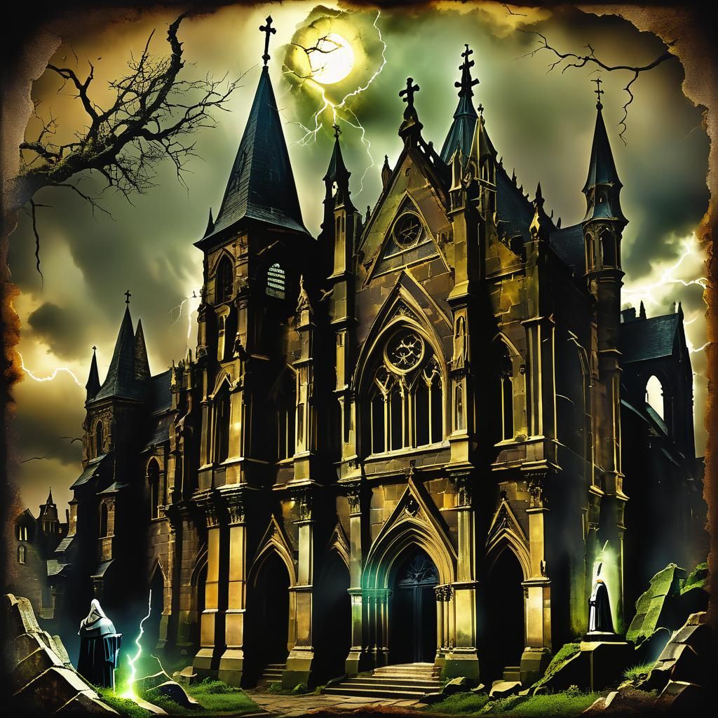 Gothic Stone Building with Grotesque Figures in Watercolor