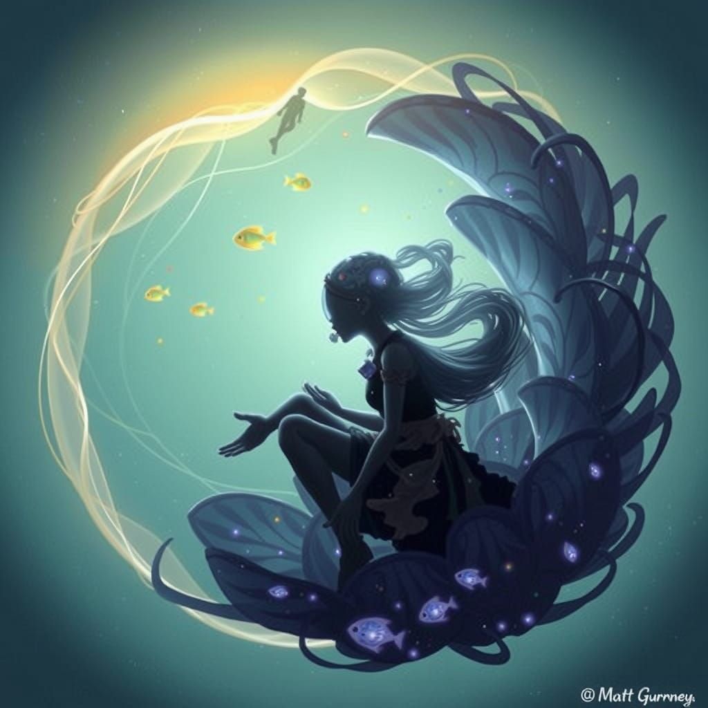 Lotus Jellyfish Silhouette Floats Through Ocean Depths in Dr...