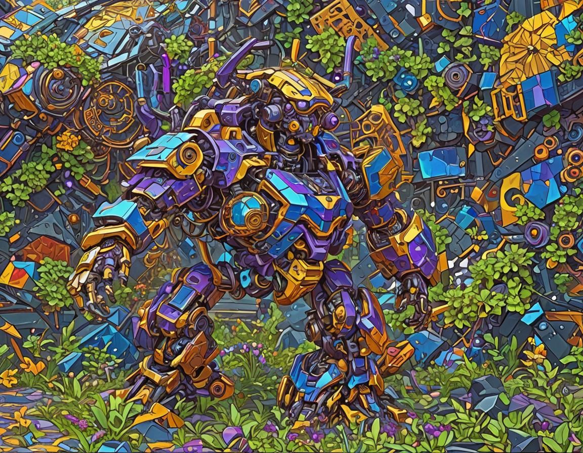 Cyberpunk Mech Amidst Geometric Patterns in Deep, Vibrant Hu...