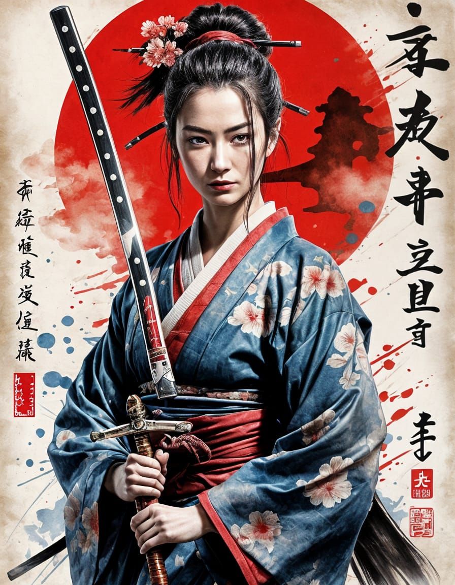 Female Samurai with Sword in Ukiyo-e Style