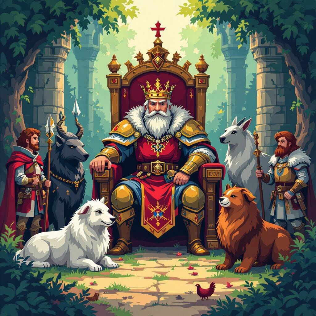 Vibrant Pixel Art King in Medieval Kingdom with Animals