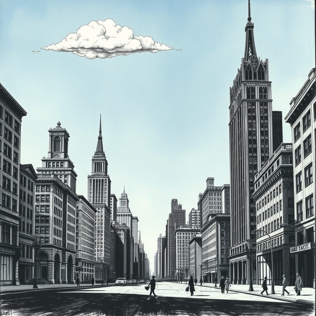 Gothic New York City Streets Drawn in Charcoal