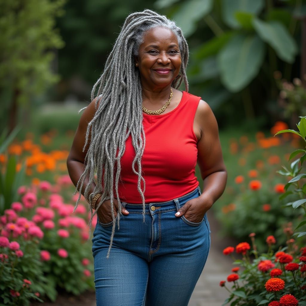 Elegant Elderly Woman with Silver Dreadlocks in Garden