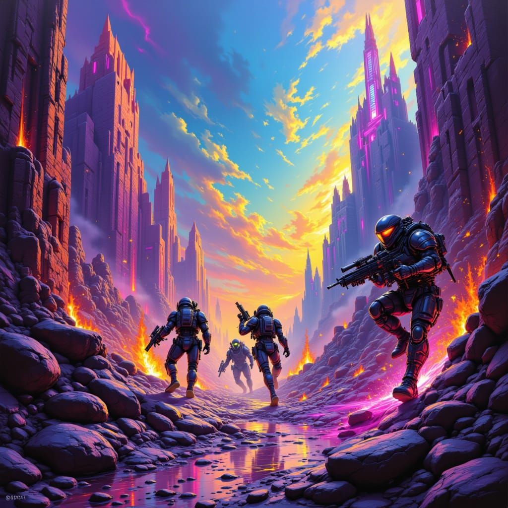 Soldiers Battle Aliens in Terraformed Cityscape Oil Painting