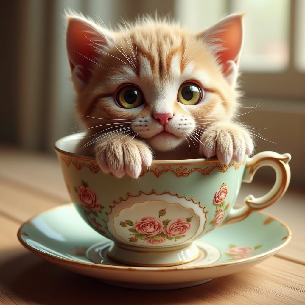 Kitten in Teacup with Soft Fur and Floral Patterns