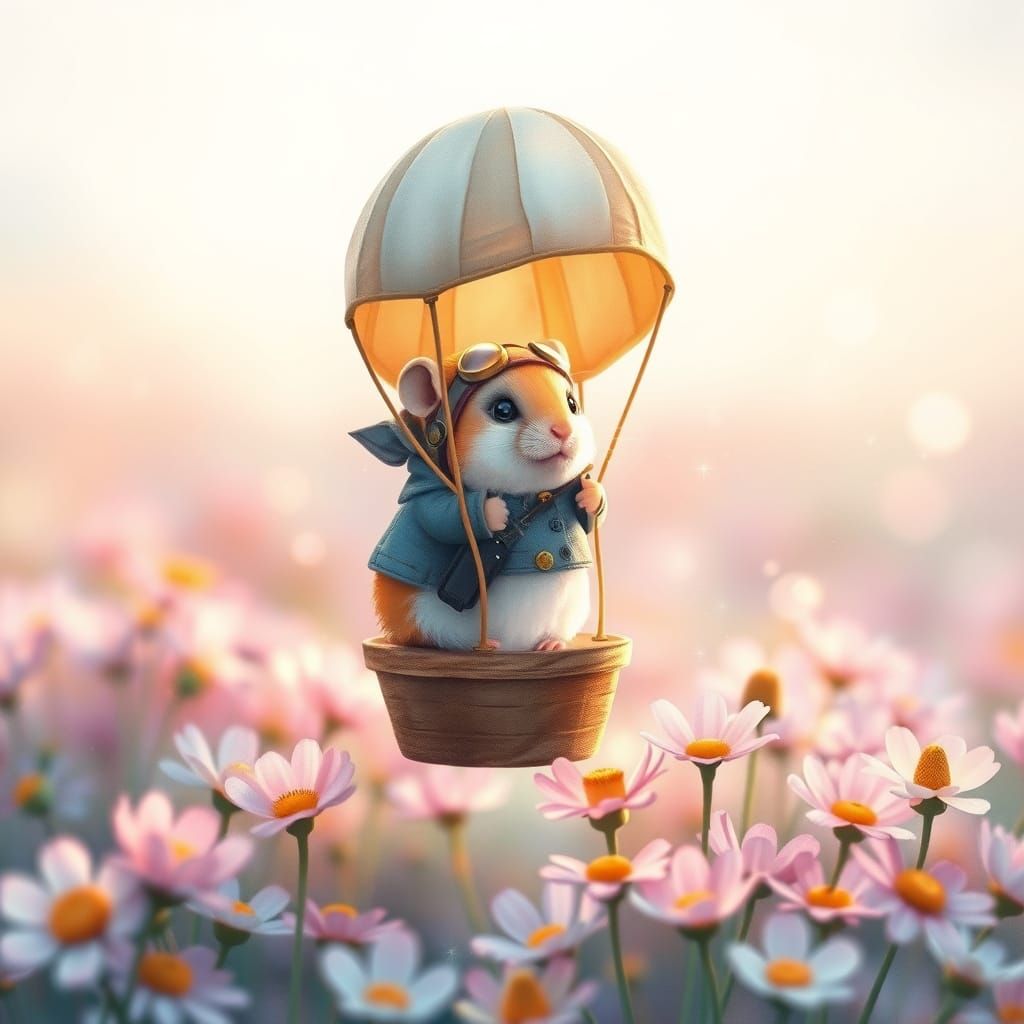 Whimsical Hamster in Dandelion Balloon, Watercolor Art