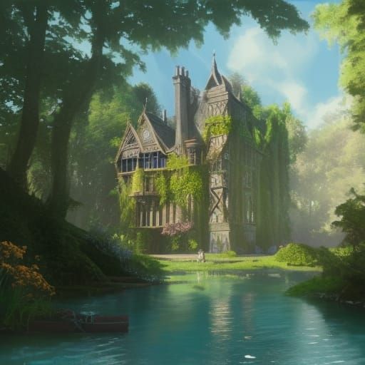 Victorian Castle Beside Turquoise River, Gothic Architecture