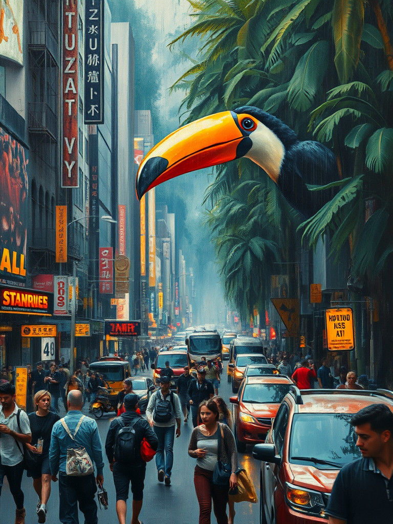 City Street Scene with Jungle Mural, Oil Painting