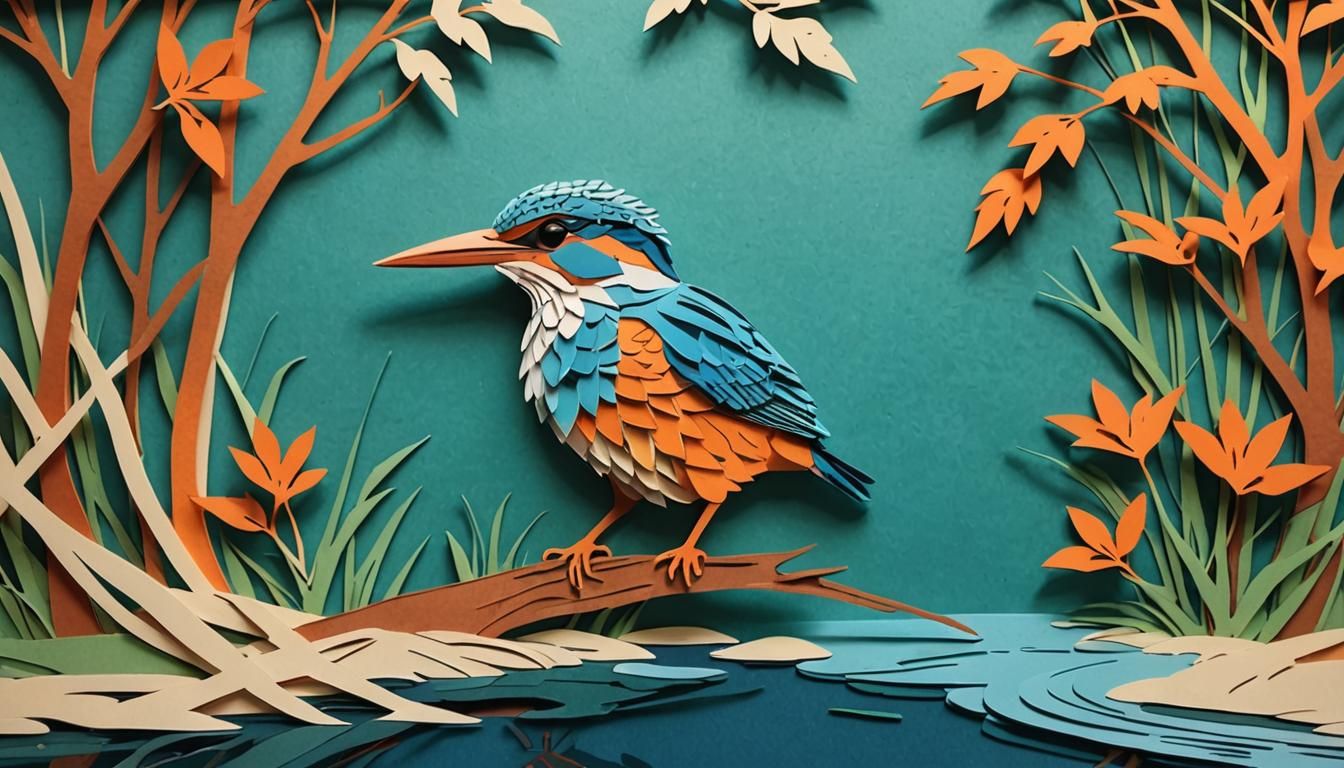 Paper kingfisher by a riverbank