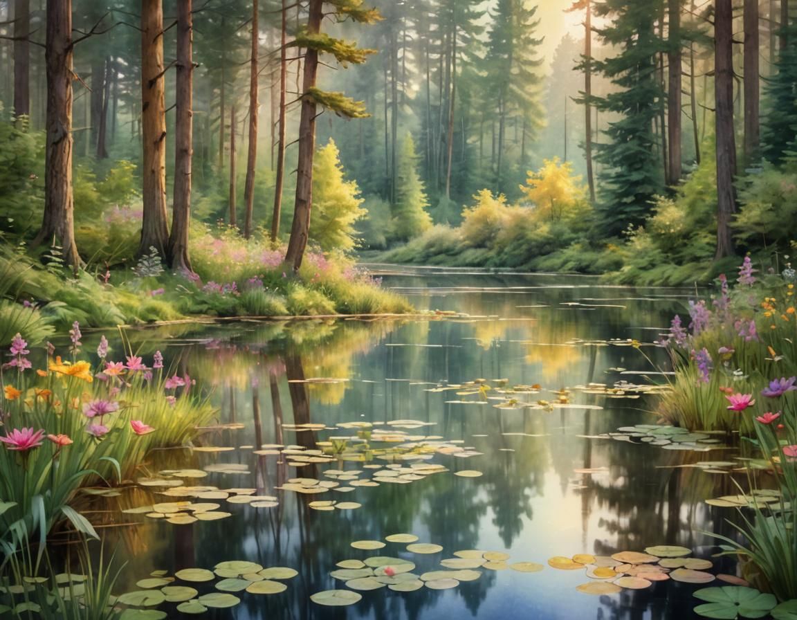 Sunlit Pond Reflecting Summer Forest, as Watercolor
