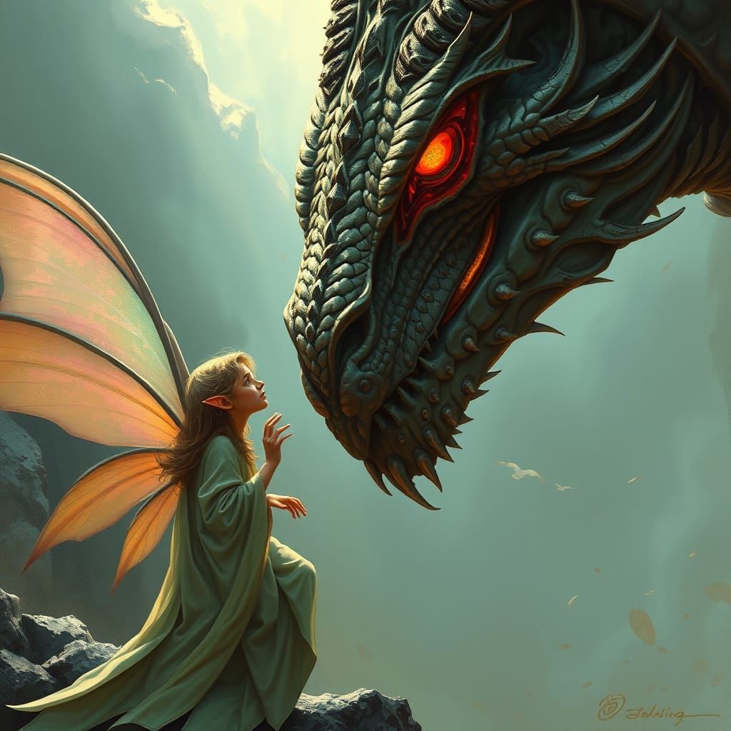 Fairy and Dragon Conversation in Fantasy Art Style