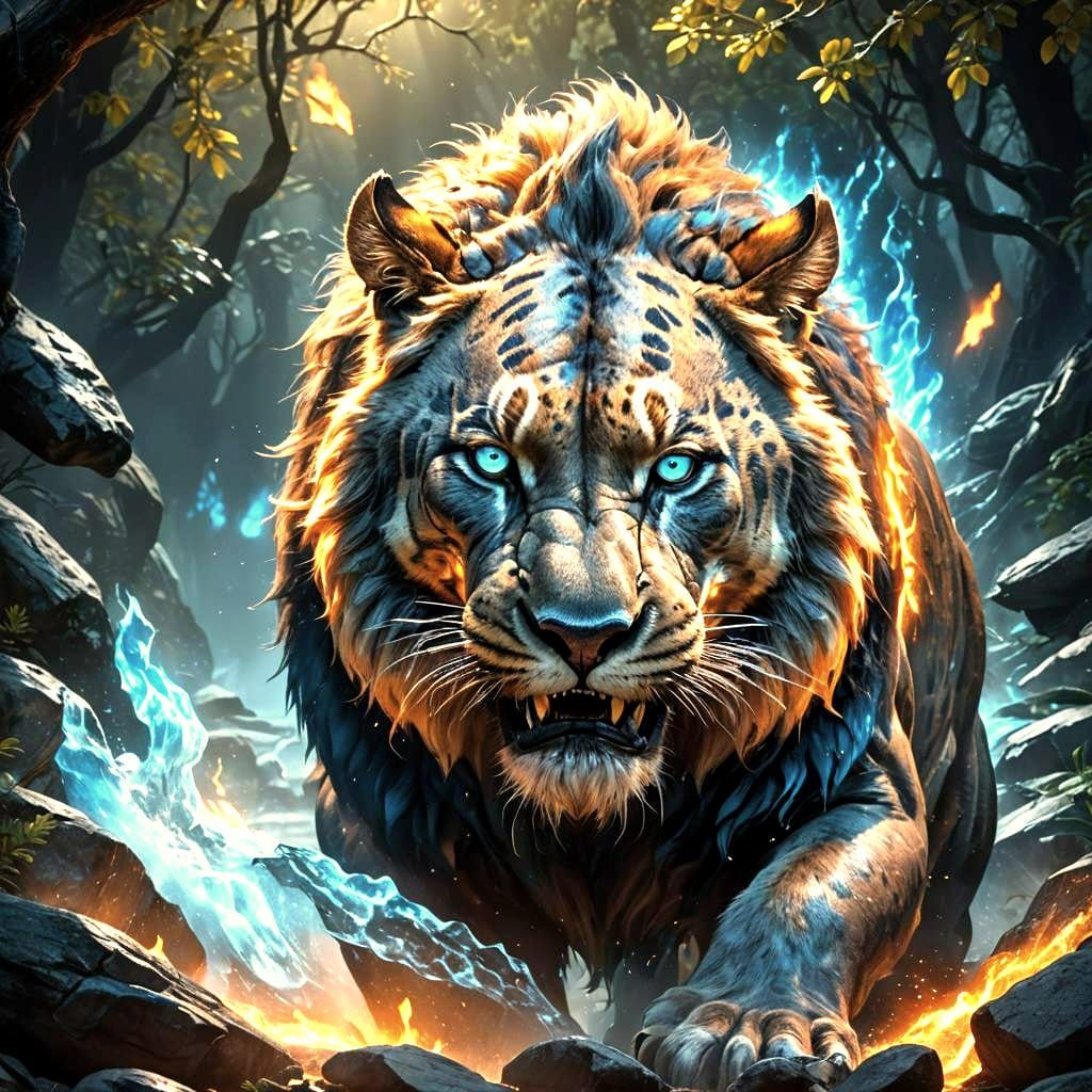 Hyperrealistic Smilodon in Blue Fire Splash Art