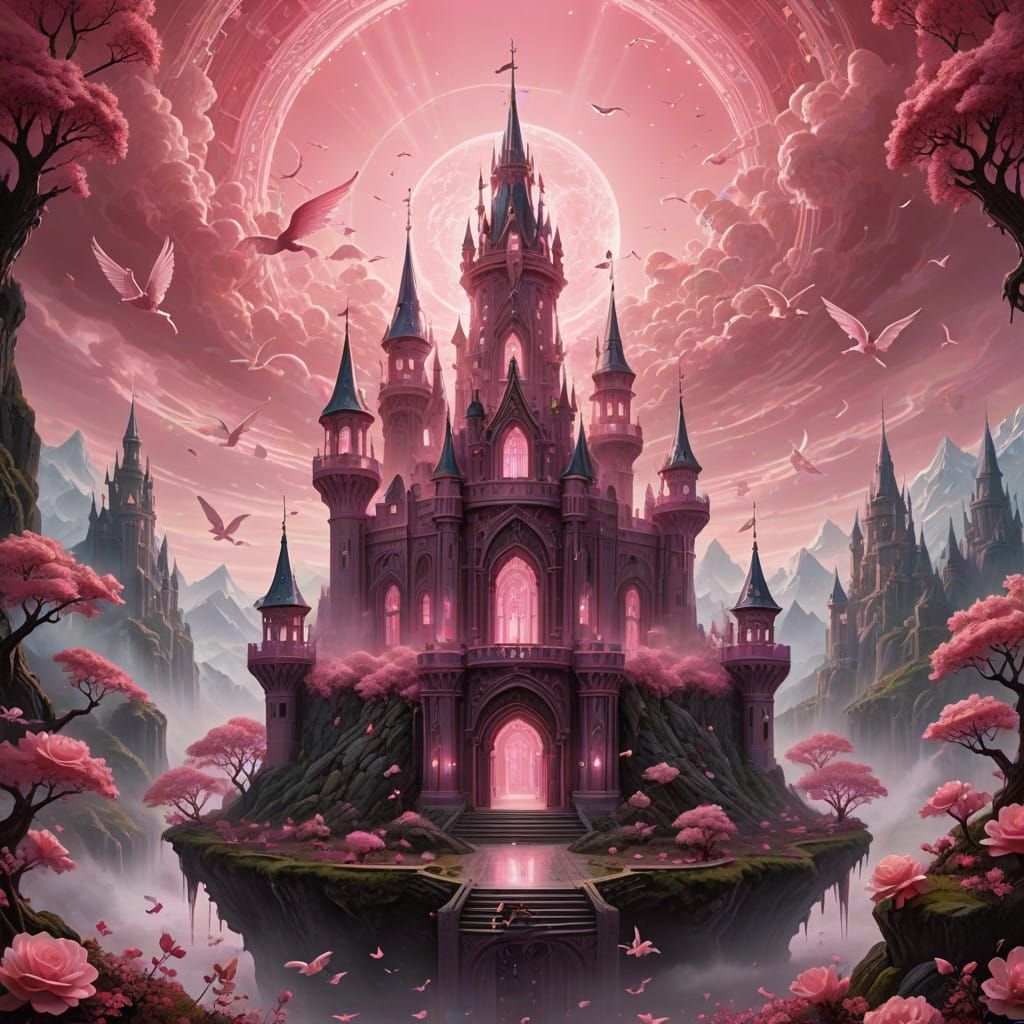 Surreal Pink Monochromatic Scene with Regal Figure and Radia...