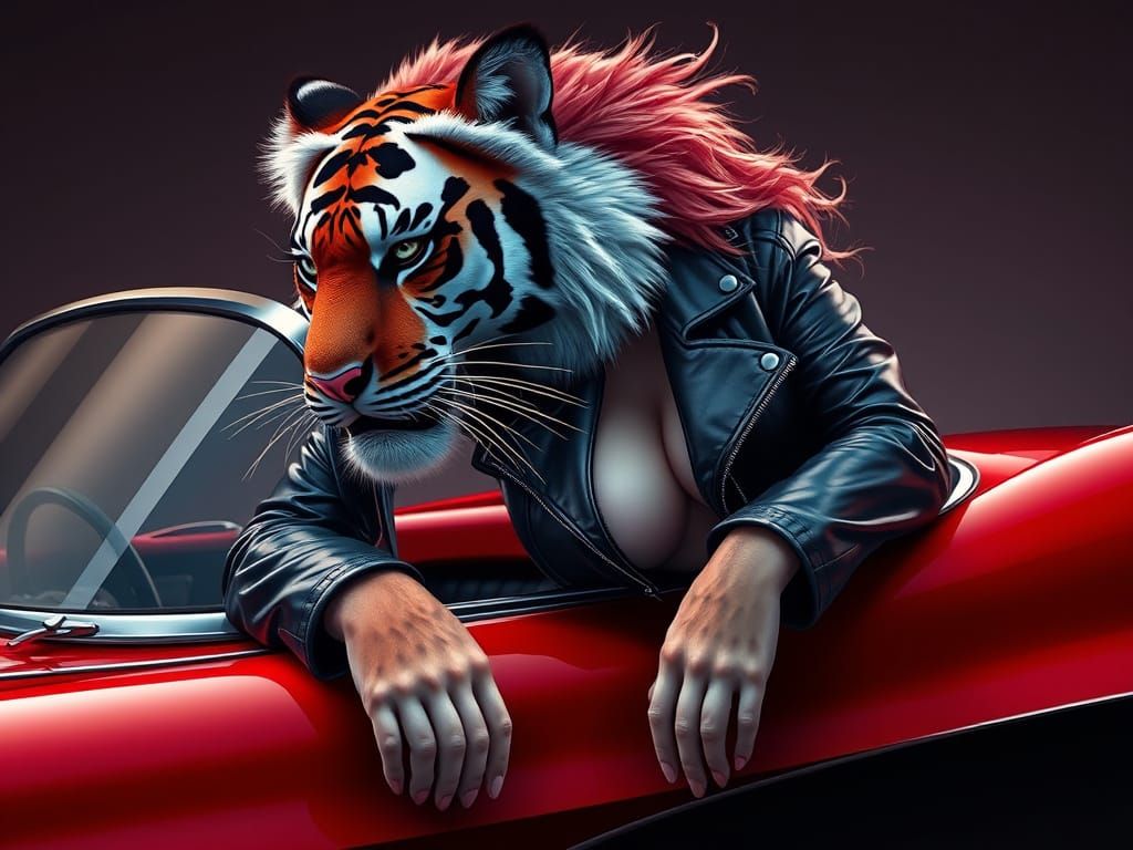 Voluptuous Tiger in Car, as Digital Art