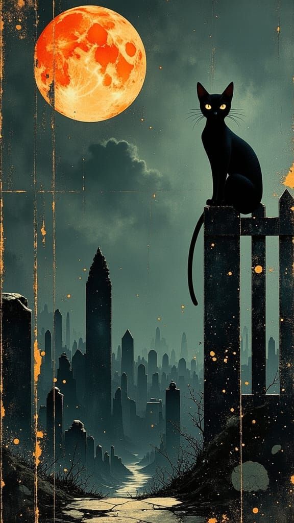 Black Cat on Picket Fence Under Blood Moon