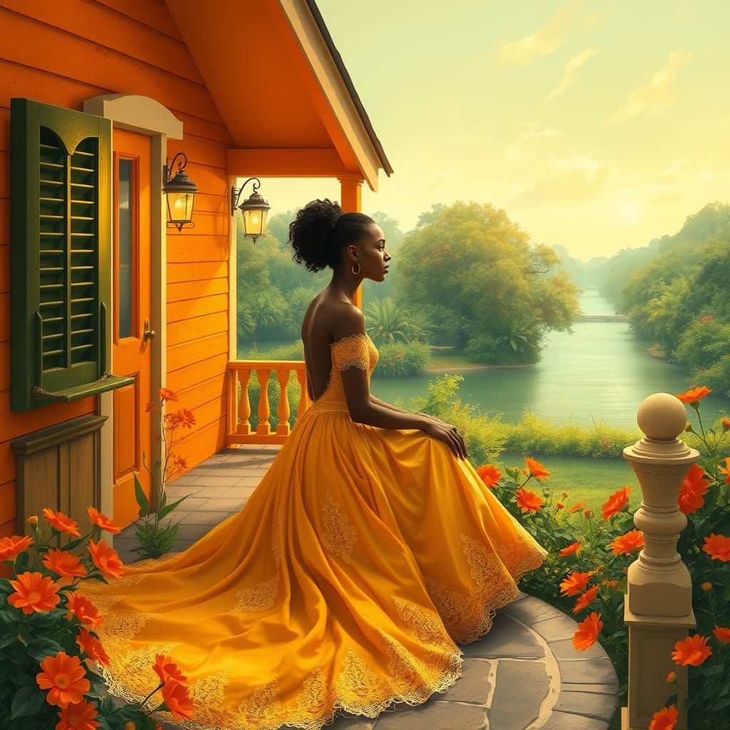 Enchanting Cottage Scene with Serene Maiden