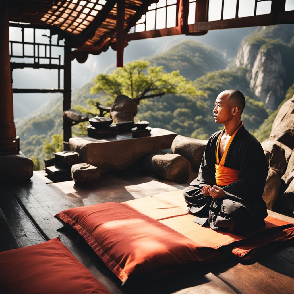 Shaolin Monk in Mountains Meditating Peacefully