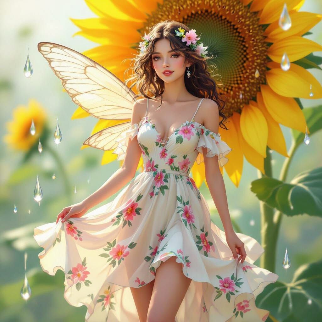 Fairy Among Sunflowers in Vibrant Fantasy Art