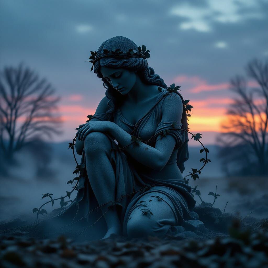 Mournful Muse Statue Entwined in Vines Under Twilight Sky