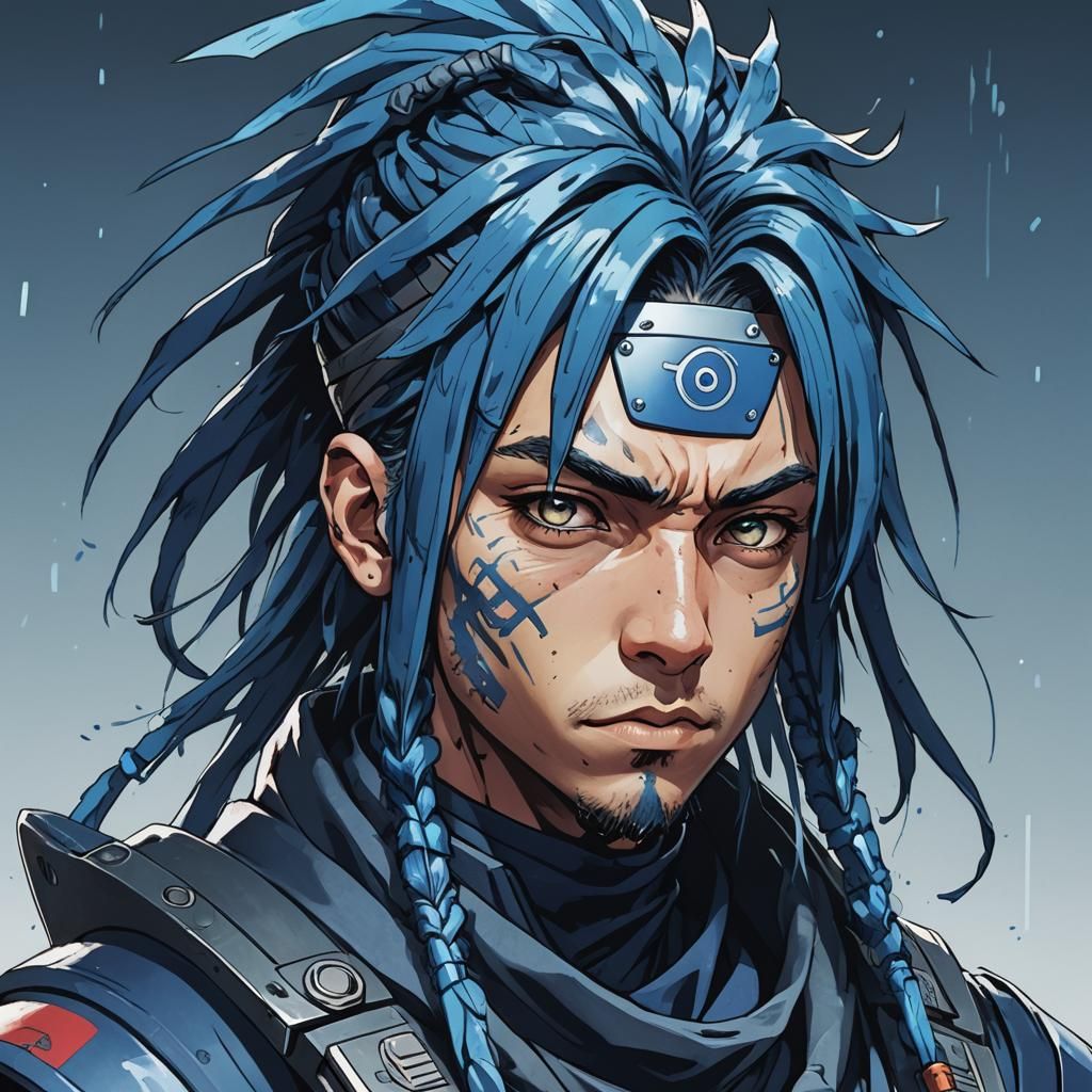 Ninja Cyborg Portrait with Blue Dreads in Anime Style