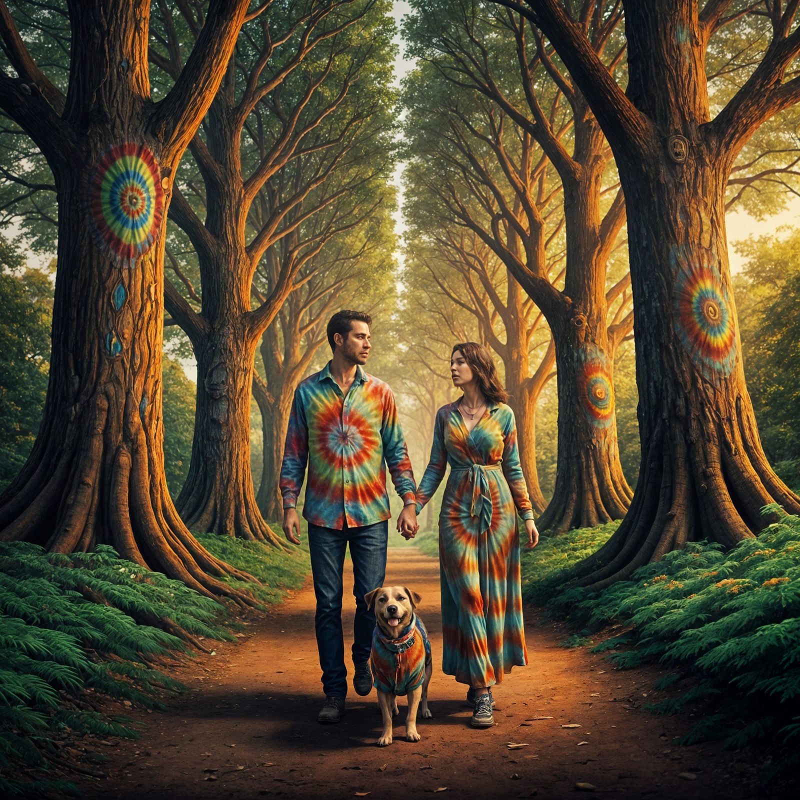 Couple and Dog Stroll in Psychedelic Park with Tie-Dye Trees