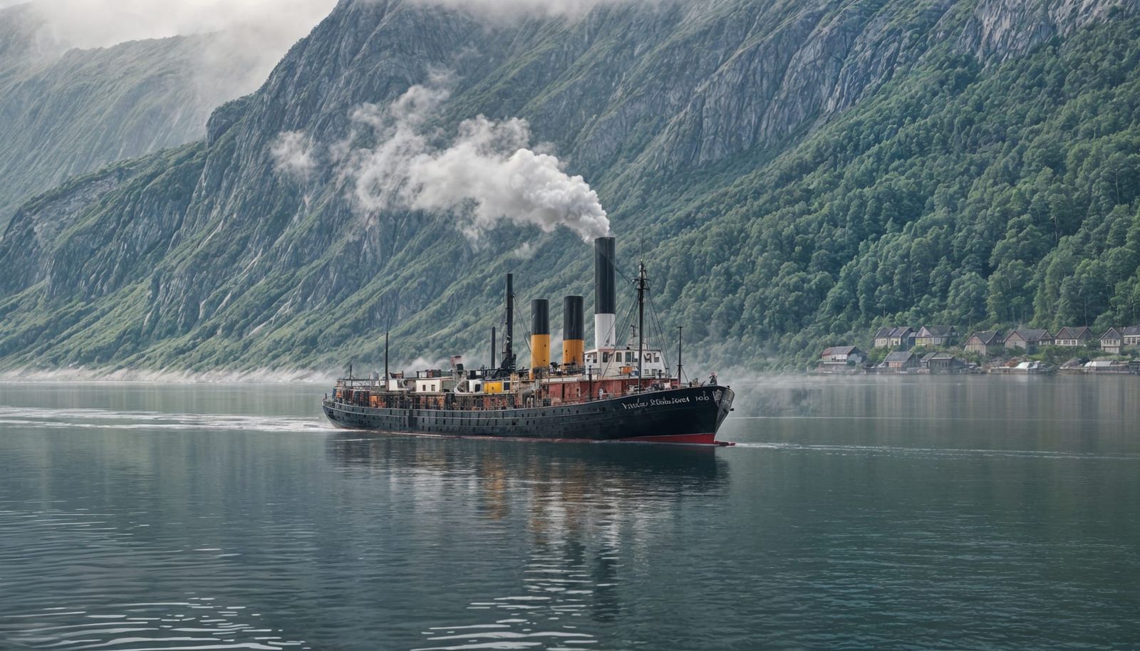 Steamboat Voyage Through Foggy Fjord Landscape