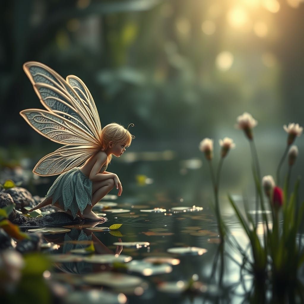 Enchanted Fairy Contemplates a Serene Pond in High-Contrast ...