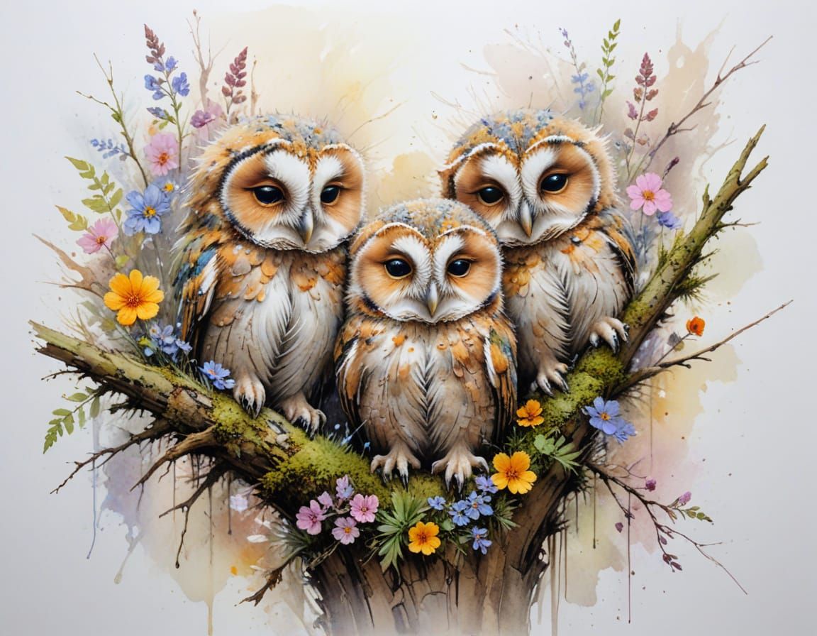 Whimsical Owlets Napping on Mossy Branch with Wildflowers