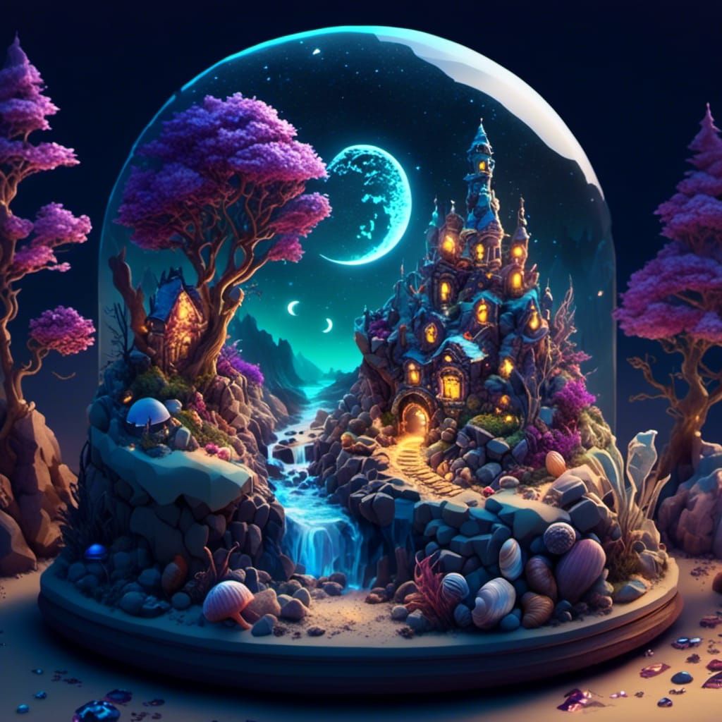 Glowing Snowglobe in Magical Cavern with Forest