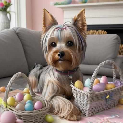 Hyperrealistic Yorkie Toy with Easter Basket