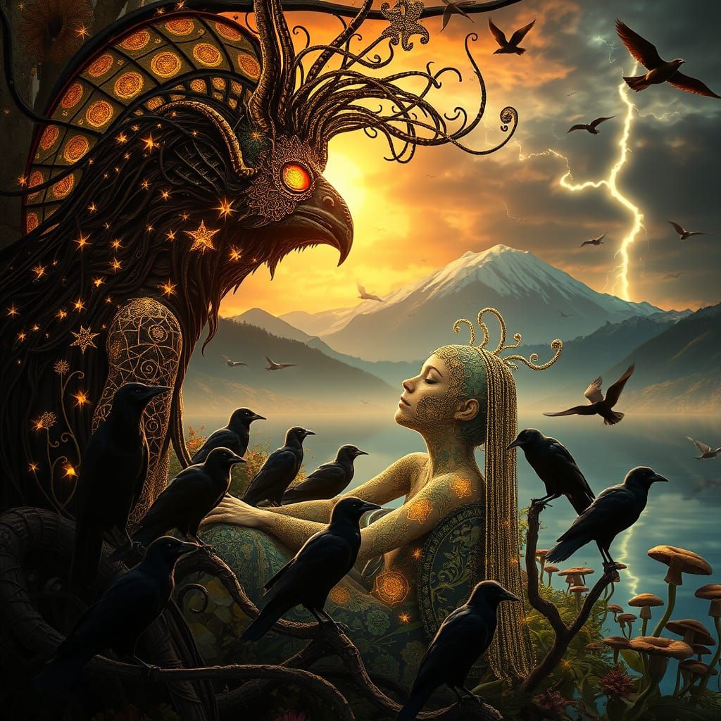 Demon-Peacock Creature Kisses Woman in Surreal Eco-Art Garde...