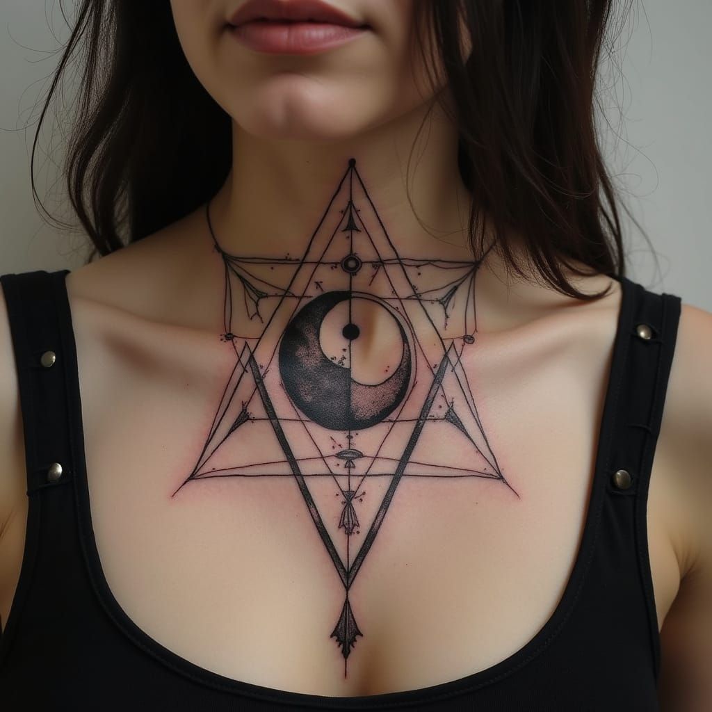 Sacred Geometry Tattoo Design Covering Neck, Chest, and Stom...