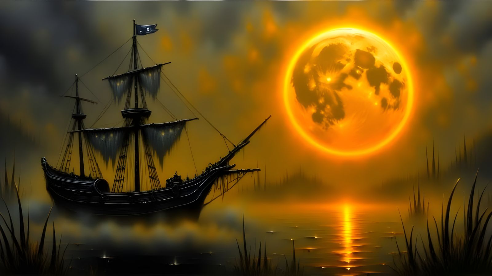 Haunted Pirate Ship Emerges from Golden Moonlit Fog
