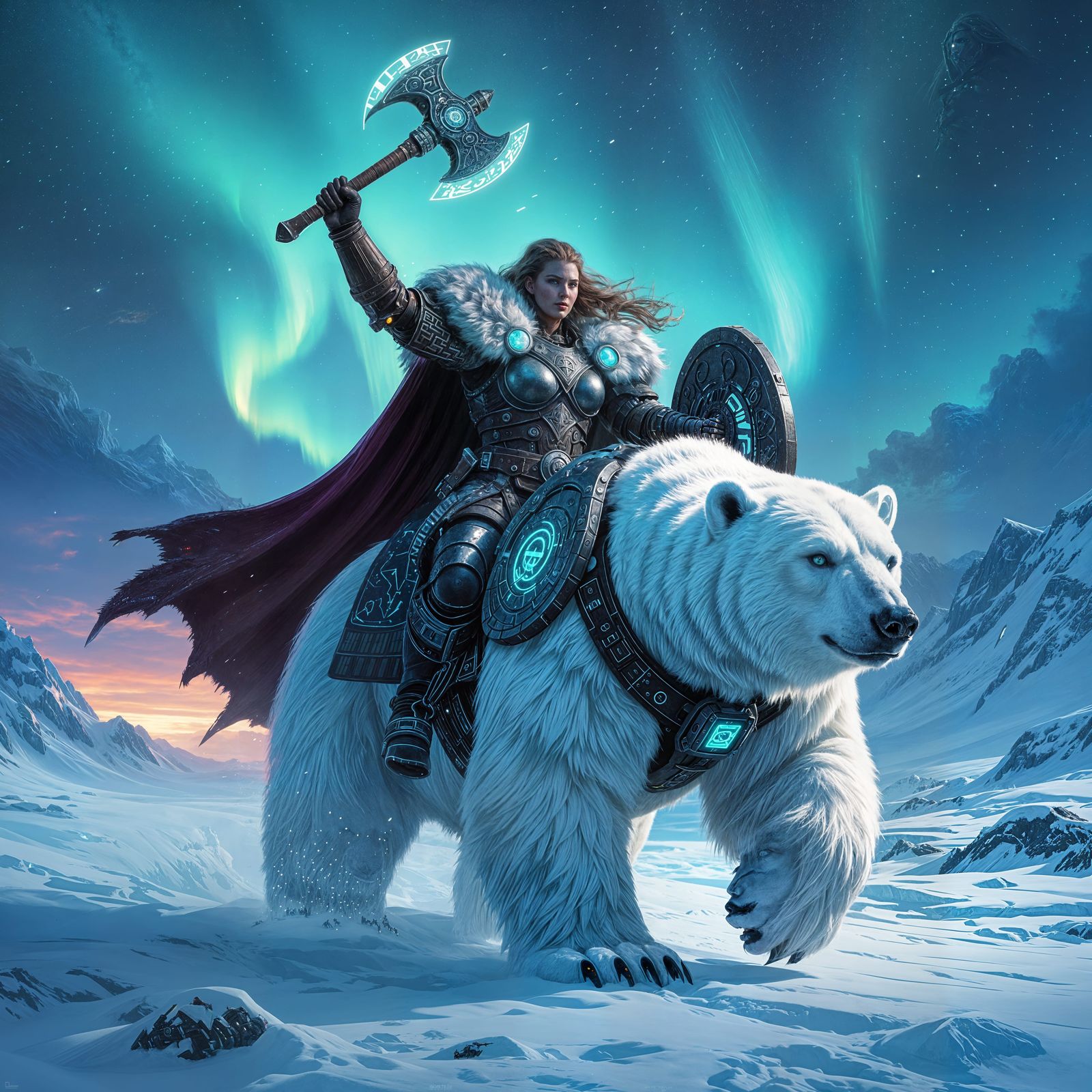 Viking Shieldmaiden on Cybernetic Polar Bear in Cyberpunk St...