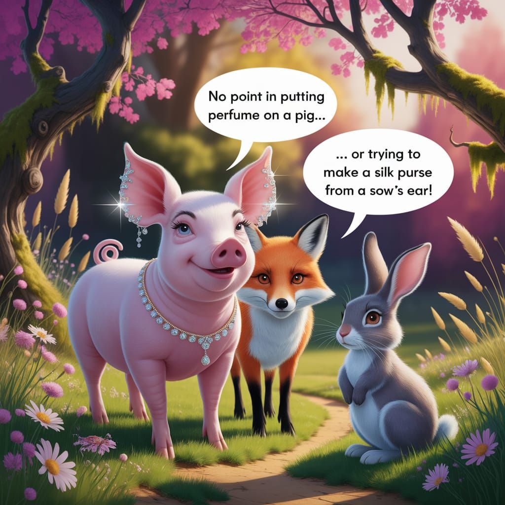 Whimsical Cartoon Pig with Jewels in Meadow Scene