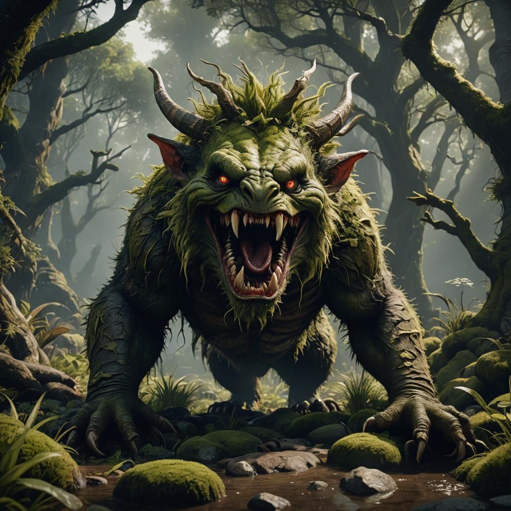 Menacing Bunyip with Mossy Hair in 3D Rendering