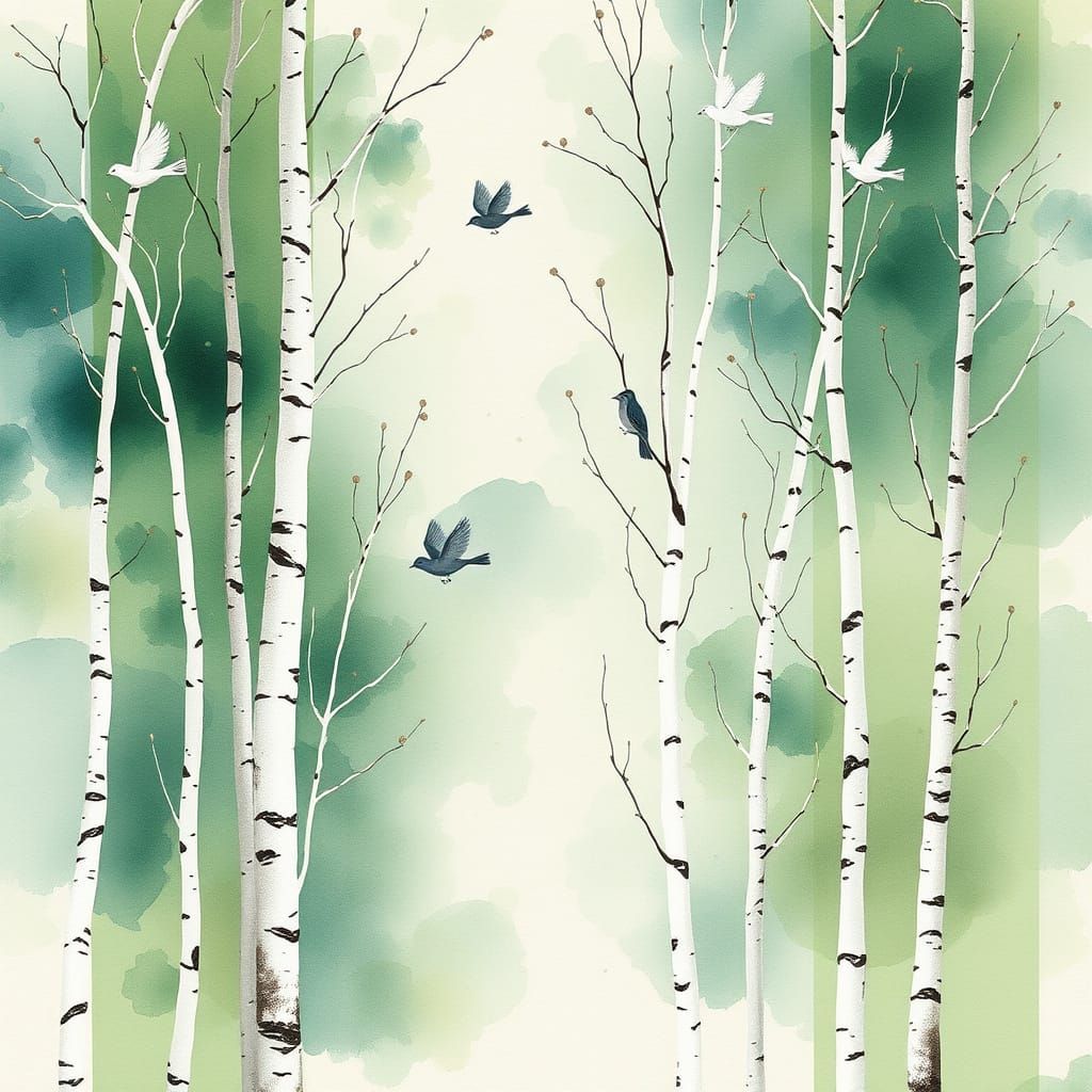 Birch Trees in Dreamy Watercolor Landscape