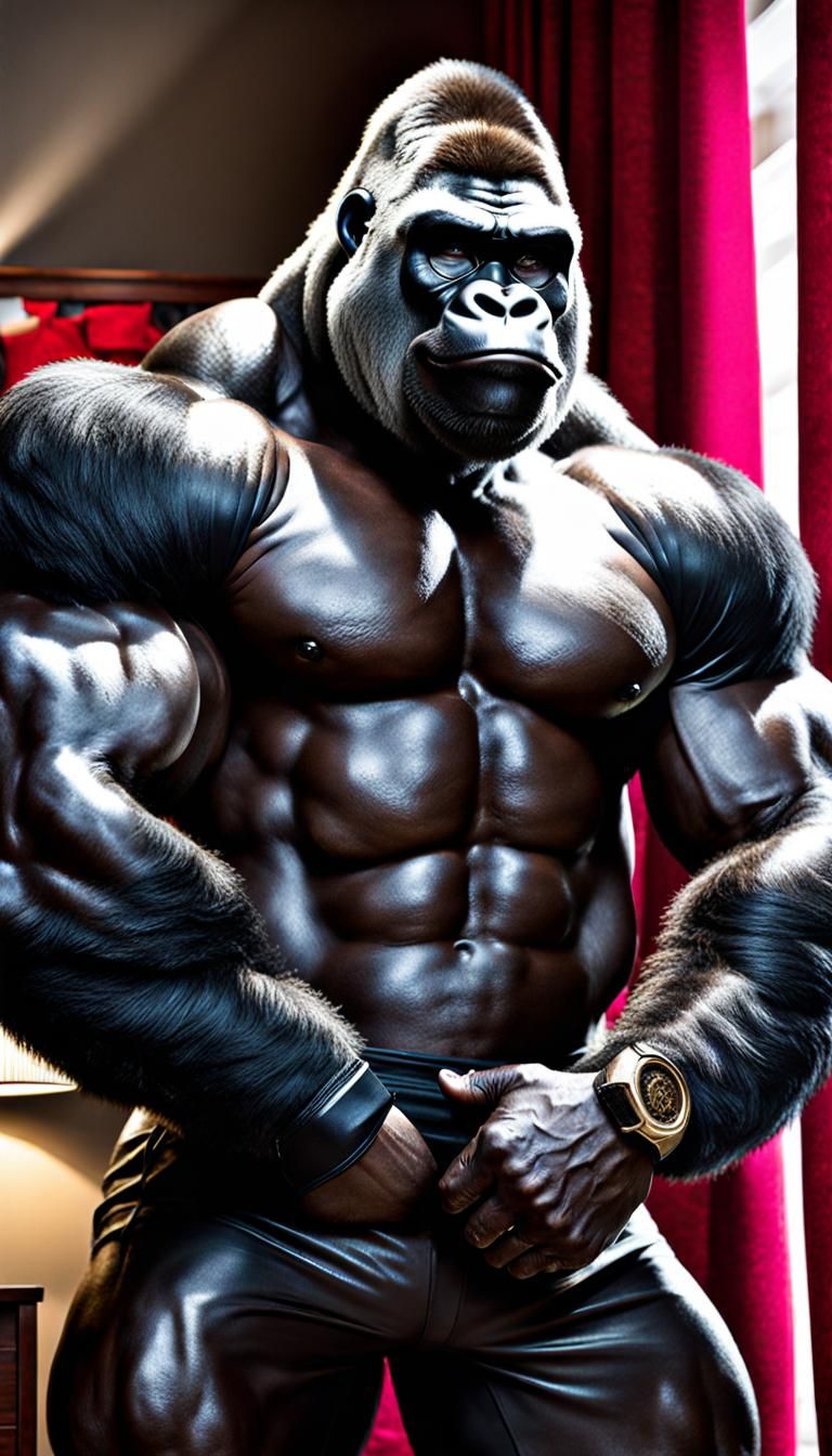 Silverback Gorilla Bodybuilder Flexing in Cozy Bedroom