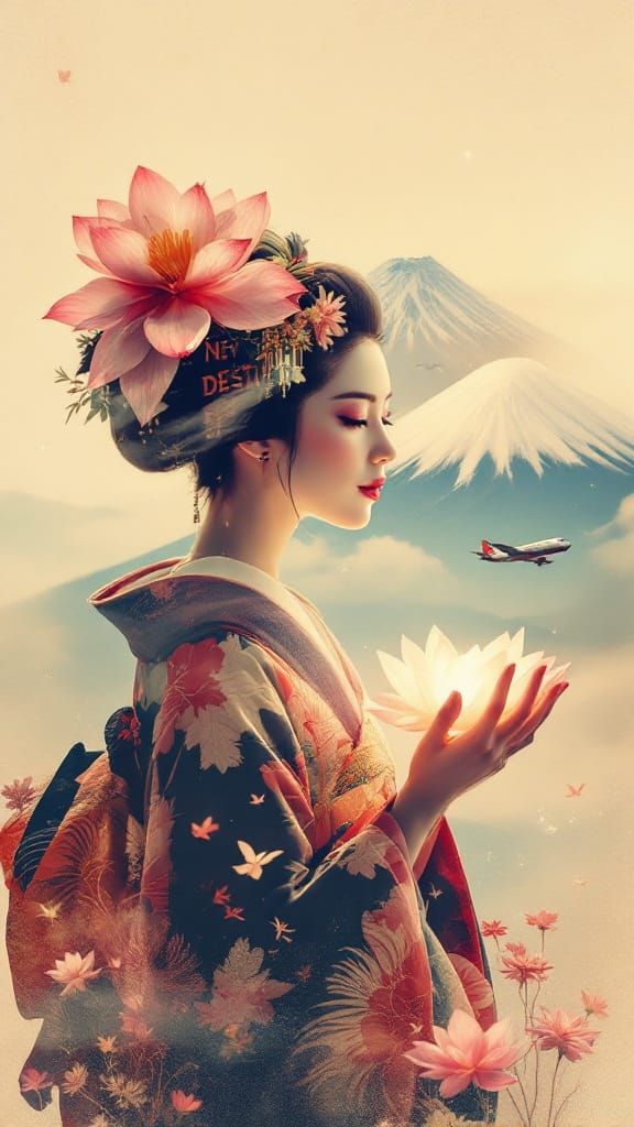 Vintage Travel Poster with Geisha and Mount Fuji