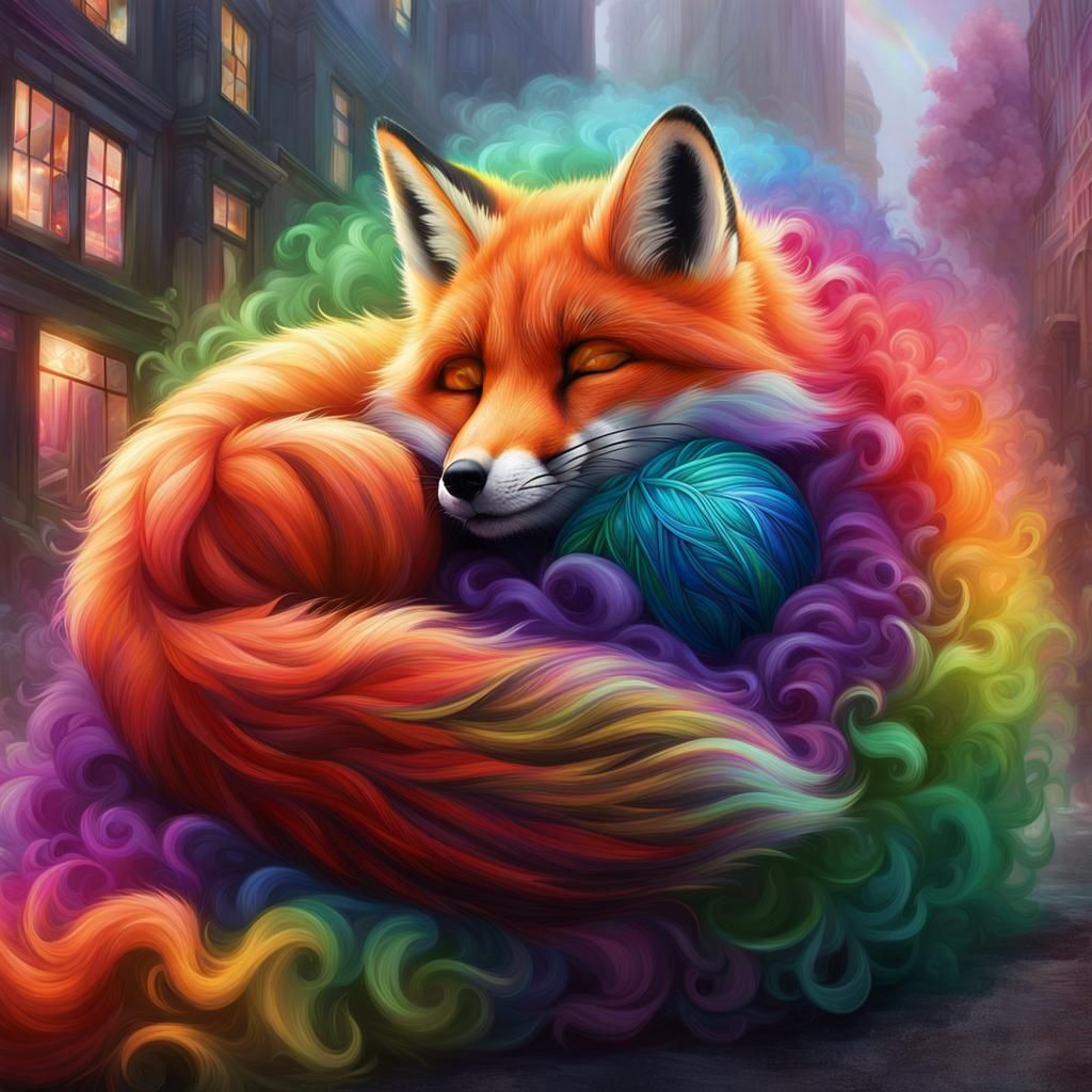 Fluffy Fox Sleeping in Rainbow City: Digital Art