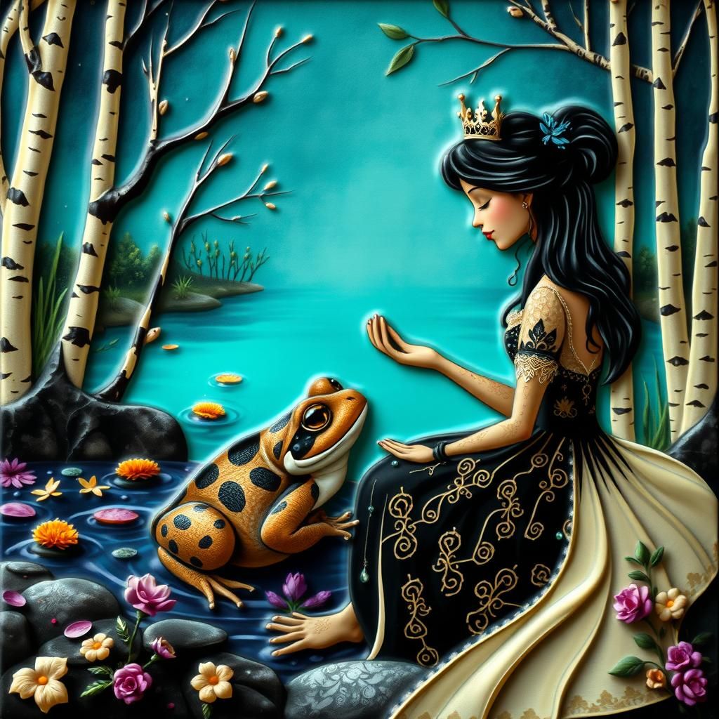 Princess and Toad Kiss by Pond in Gothic Fairytale Style