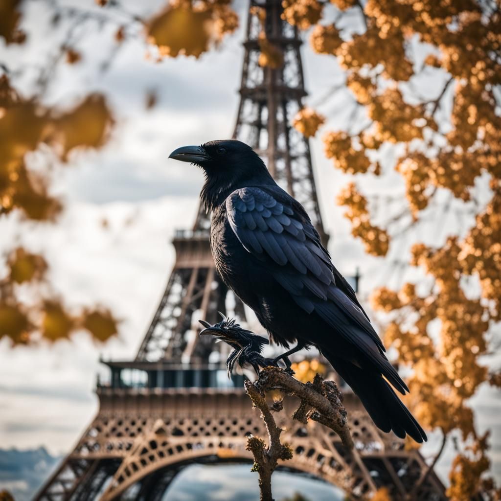 Eiffel Tower with Raven in Natural Lighting